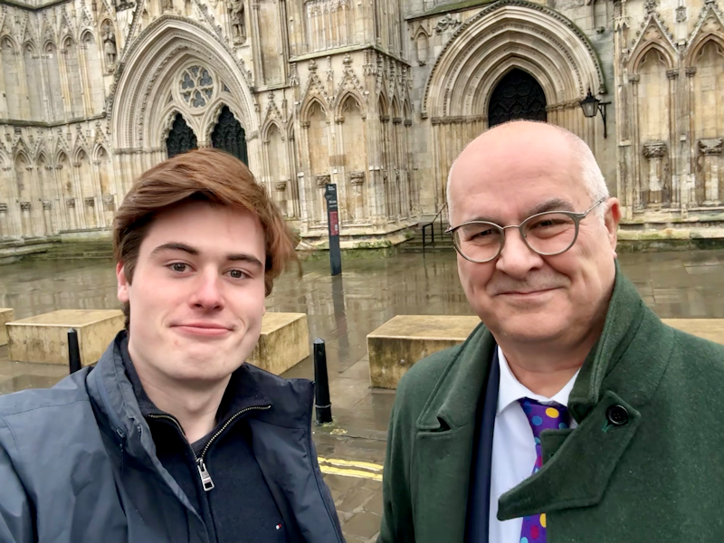 Alex Puffette and Iain Dale stood outside the minster